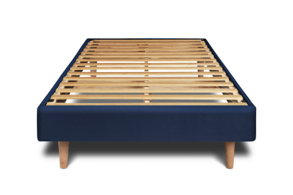 Lit 90x200 cm - Sommier à lattes H29 cm + tête de lit à lignes - Tissu Velours Bleu Océan