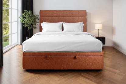 Lit coffre 200x200 cm avec Tête de lit à lignes - Tissu Bouclette Terracotta