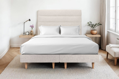 Lit 2x 100x200 cm - Sommier tapissier H29 cm + tête de lit à lignes - Tissu Toile natté Beige Clair