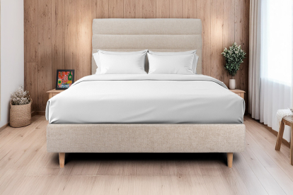 Lit 160x200 cm - Sommier tapissier H35 cm + tête de lit à lignes - Tissu Toile natté Beige Brun