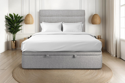 Lit coffre 140x190 cm avec Tête de lit à lignes - Tissu Bouclette Gris