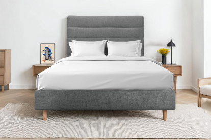 Lit 160x200 cm - Sommier tapissier H35 cm + tête de lit à lignes - Tissu Toile natté Gris Anthracite