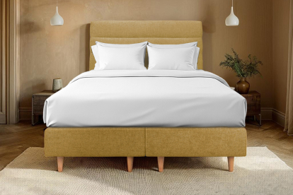 Lit 2x 100x200 cm - Sommier tapissier H35 cm + tête de lit à lignes - Tissu Toile natté Jaune