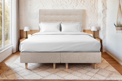 Lit 2x 90x200 cm - Sommier tapissier H35 cm + tête de lit capitonnée - Tissu Toile natté Beige Brun