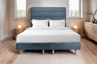 Lit 2x 80x200 cm - Sommier tapissier H29 cm + tête de lit à lignes - Tissu Bouclette Bleu