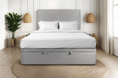 Lit coffre 200x200 cm avec Tête de lit tapissée - Tissu Bouclette Gris