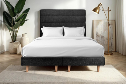 Lit 2x 80x200 cm - Sommier tapissier H29 cm + tête de lit à lignes - Tissu Bouclette Noir