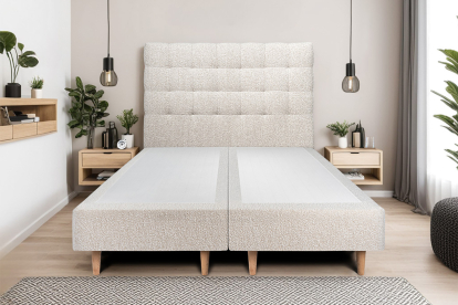 Lit 2x 90x200 cm - Sommier tapissier H35 cm + tête de lit capitonnée - Tissu Bouclette Beige Clair
