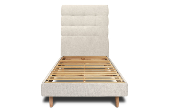 Lit 90x200 cm - Sommier à lattes H29 cm + tête de lit capitonnée - Tissu Toile natté Beige Clair