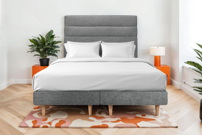 Lit 2x 100x200 cm - Sommier tapissier H29 cm + tête de lit à lignes - Tissu Toile natté Gris Anthracite