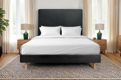 Lit 180x200 cm - Sommier à lattes H29 cm + tête de lit tapissée - Tissu Bouclette Noir