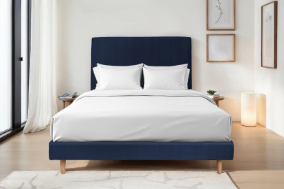 Lit 140x190 cm - Sommier tapissier H29 cm + tête de lit tapissée - Tissu Velours Bleu Océan
