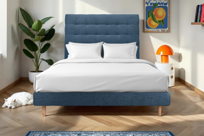 Lit 200x200 cm - Sommier à lattes H29 cm + tête de lit capitonnée - Tissu Toile natté Bleu Océan