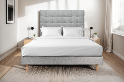 Lit 200x200 cm - Sommier à lattes H29 cm + tête de lit capitonnée - Tissu Bouclette Gris