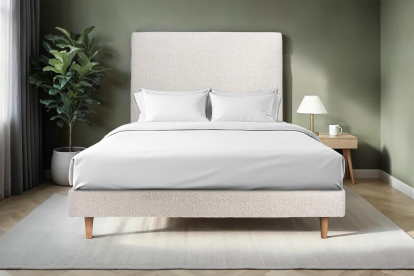 Lit 200x200 cm - Sommier à lattes H29 cm + tête de lit tapissée - Tissu Bouclette Beige Clair