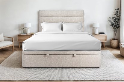 Lit coffre 140x190 cm avec Tête de lit à lignes - Tissu Bouclette Beige Clair