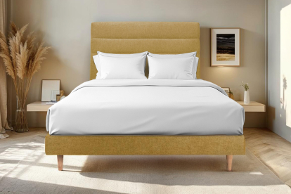 Lit 200x200 cm - Sommier à lattes H29 cm + tête de lit à lignes - Tissu Toile natté Jaune