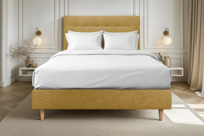 Lit 160x200 cm - Sommier tapissier H35 cm + tête de lit capitonnée - Tissu Toile natté Jaune