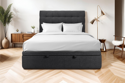 Lit coffre 200x200 cm avec Tête de lit capitonnée - Tissu Toile natté Noir