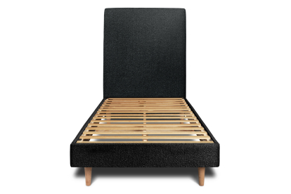 Lit 90x190 cm - Sommier à lattes H29 cm + tête de lit tapissée - Tissu Bouclette Noir