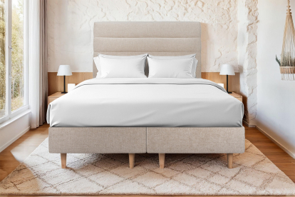 Lit 2x 90x200 cm - Sommier tapissier H35 cm + tête de lit à lignes - Tissu Toile natté Beige Brun