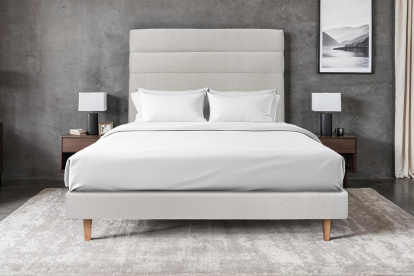 Lit 140x190 cm - Sommier tapissier H29 cm + tête de lit à lignes - Tissu Velours Gris Clair