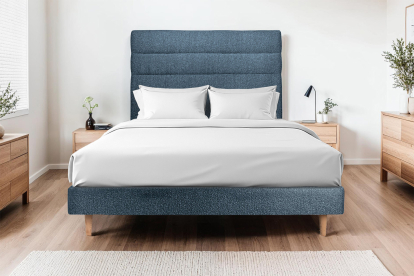 Lit 160x200 cm - Sommier tapissier H29 cm + tête de lit à lignes - Tissu Bouclette Bleu