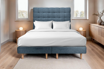 Lit 2x 90x200 cm - Sommier tapissier H29 cm + tête de lit tapissée - Tissu Bouclette Bleu