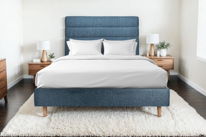 Lit 160x200 cm - Sommier tapissier H35 cm + tête de lit à lignes - Tissu Bouclette Bleu