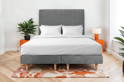 Lit 2x 100x200 cm - Sommier tapissier H29 cm + tête de lit tapissée - Tissu Toile natté Gris Anthracite
