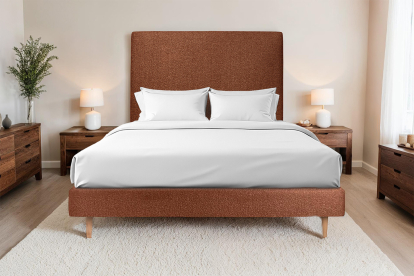 Lit 140x190 cm - Sommier tapissier H29 cm + tête de lit tapissée - Tissu Bouclette Terracotta