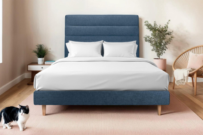 Lit 160x200 cm - Sommier tapissier H29 cm + tête de lit à lignes - Tissu Toile natté Bleu Océan