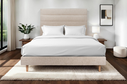 Lit 140x190 cm - Sommier tapissier H29 cm + tête de lit à lignes - Tissu Toile natté Beige Brun