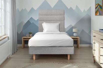 Lit 90x200 cm - Sommier tapissier H29 cm + tête de lit à lignes - Tissu Bouclette Gris