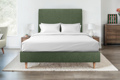 Lit 140x200 cm - Sommier tapissier H35 cm + tête de lit tapissée - Tissu Toile natté Vert Kaki