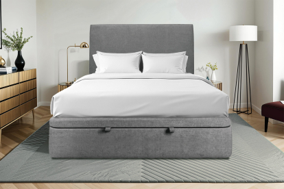 Lit coffre 140x190 cm avec Tête de lit tapissée - Tissu Toile natté Gris Anthracite