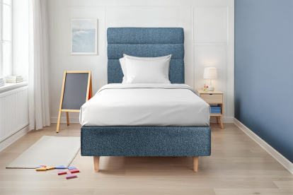 Lit 90x190 cm - Sommier tapissier H35 cm + tête de lit à lignes - Tissu Bouclette Bleu