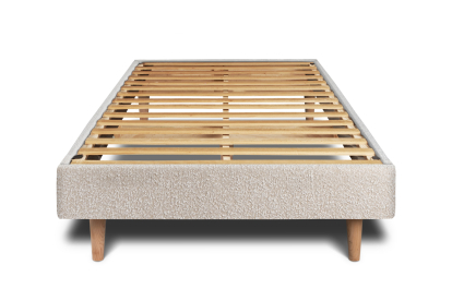 Lit 90x200 cm - Sommier à lattes H29 cm + tête de lit à lignes - Tissu Bouclette Beige Clair