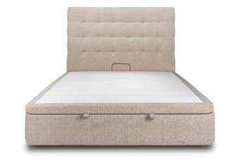 Lit coffre 140x190 cm avec Tête de lit capitonnée - Tissu Toile natté Beige Brun