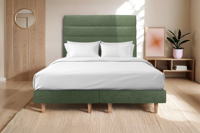 Lit 2x 90x200 cm - Sommier tapissier H29 cm + tête de lit à lignes - Tissu Toile natté Vert Kaki