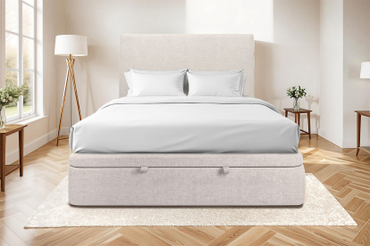 Lit coffre 160x200 cm avec Tête de lit tapissée - Tissu Toile natté Beige Clair