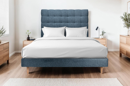 Lit 140x200 cm - Sommier tapissier H29 cm + tête de lit capitonnée - Tissu Bouclette Bleu