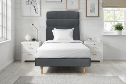 Lit 90x190 cm - Sommier tapissier H29 cm + tête de lit à lignes - Tissu Velours Gris Anthracite
