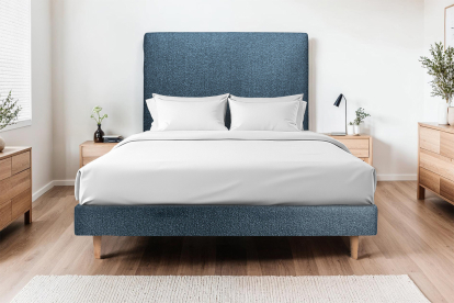 Lit 140x190 cm - Sommier tapissier H29 cm + tête de lit tapissée - Tissu Bouclette Bleu