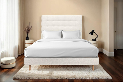 Lit 200x200 cm - Sommier à lattes H29 cm + tête de lit capitonnée - Tissu Toile natté Beige Clair