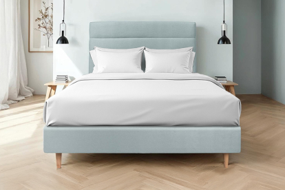 Lit 160x200 cm - Sommier tapissier H35 cm + tête de lit à lignes - Tissu Velours Gris Bleuté