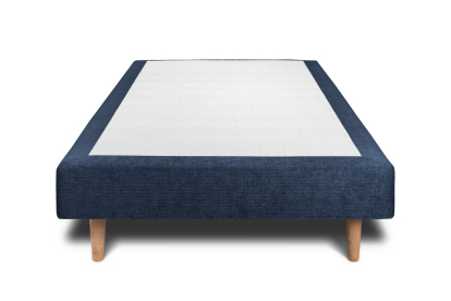 Lit 90x190 cm - Sommier tapissier H29 cm + tête de lit à lignes - Tissu Toile natté Bleu Océan