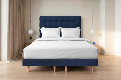 Lit 2x 100x200 cm - Sommier tapissier H29 cm + tête de lit capitonnée - Tissu Velours Bleu Océan
