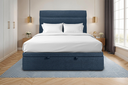 Lit coffre 160x200 cm avec Tête de lit à lignes - Tissu Toile natté Bleu Océan