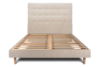 Lit 200x200 cm - Sommier à lattes H29 cm + tête de lit capitonnée - Tissu Toile natté Beige Brun